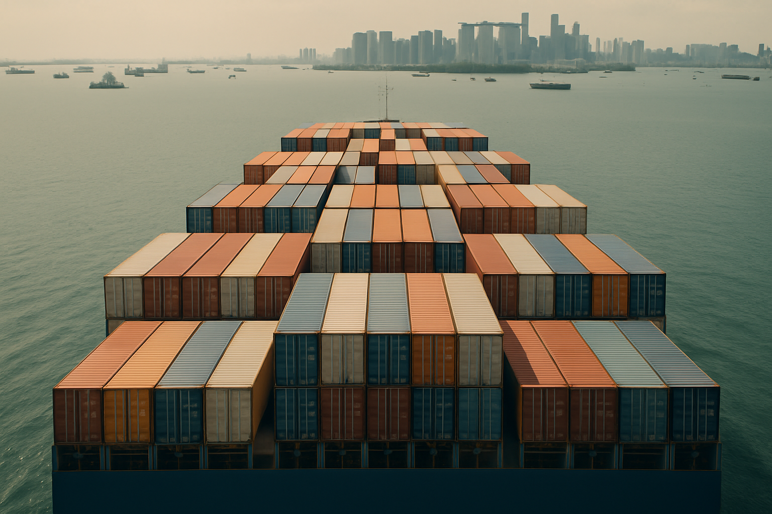 Aerial view of container ship deck with organized cargo containers